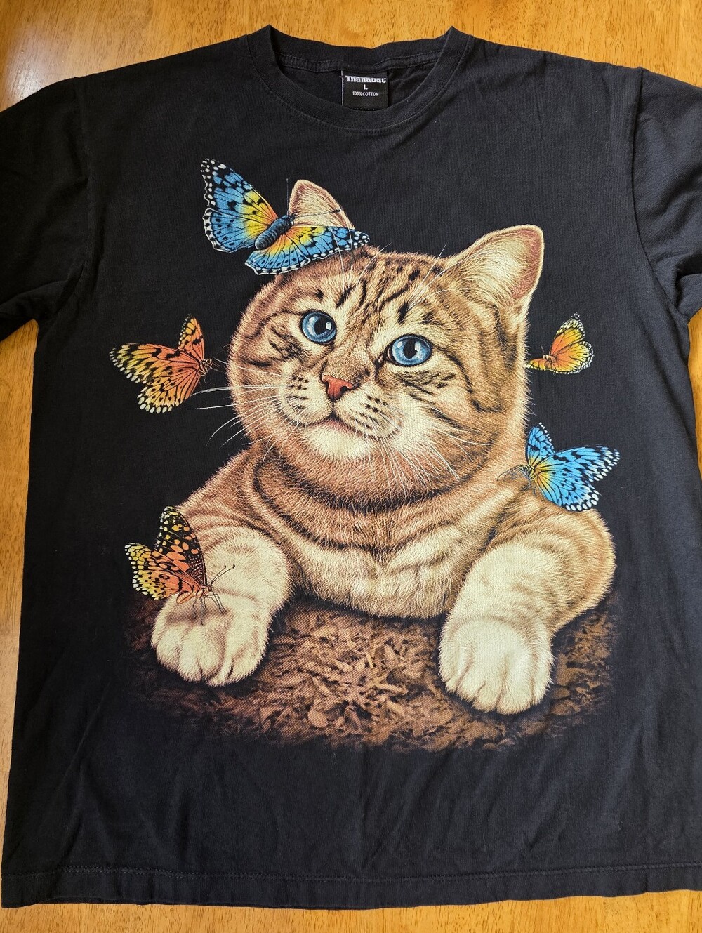 Double Sided Graphic Black Cotton Tee with Blue-Eyed Tabby Cat & Butterflies